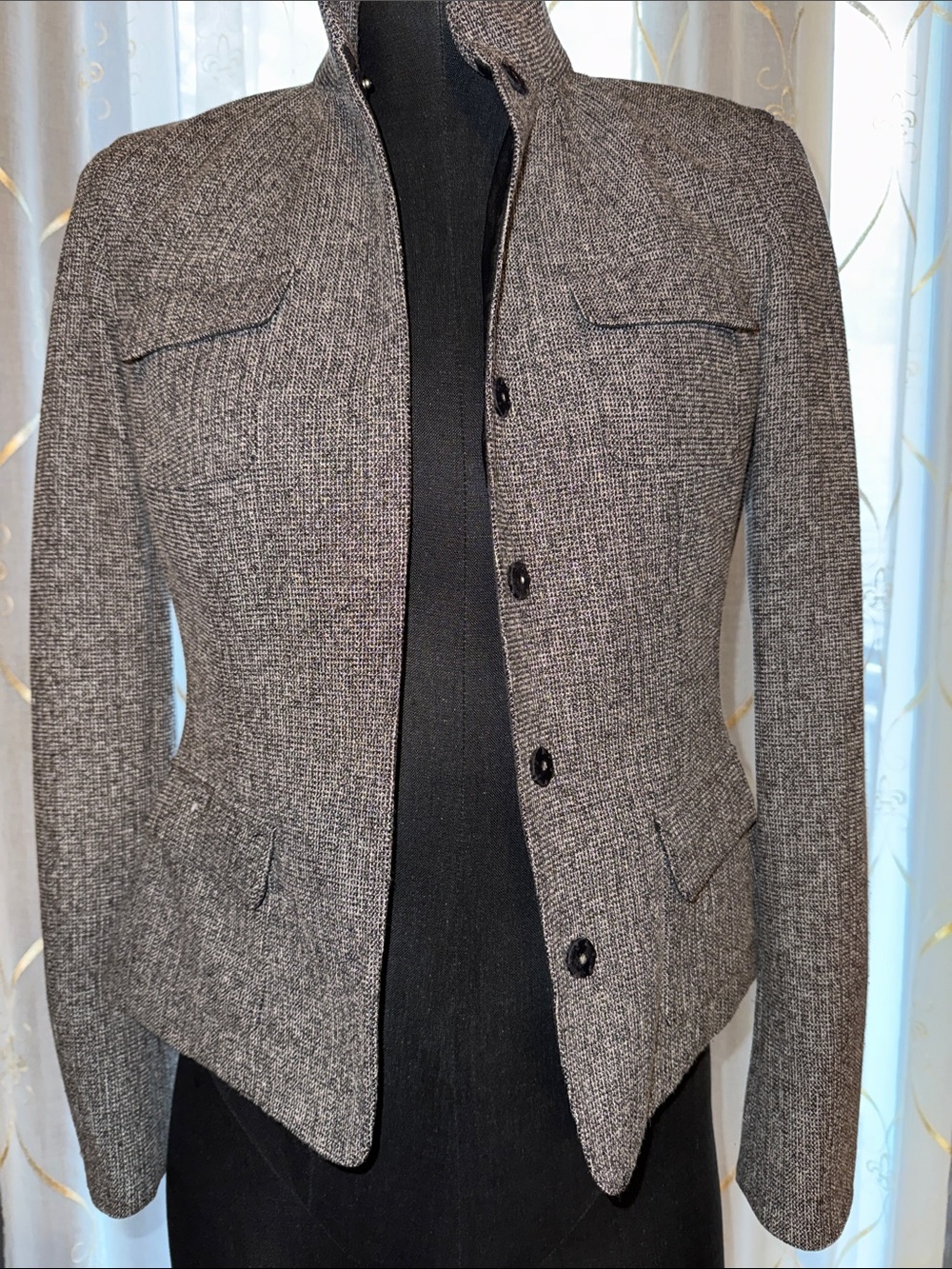 Tahari Black and Gray Tweed Structured Button-Front Blazer